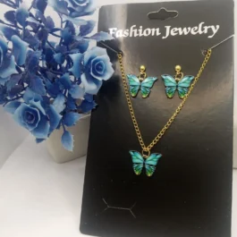 2 Layered Acrylic Plated Rhinestone Butterfly Necklace Set