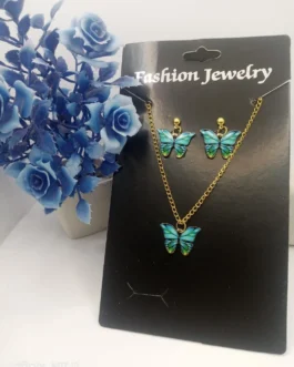 2 Layered Acrylic Plated Rhinestone Butterfly Necklace Set