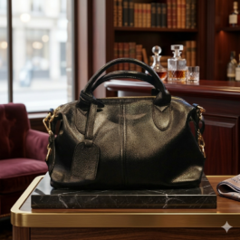 Textured Leather Boston Handbag – Black Gold Hardware