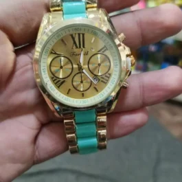 Gold Chronograph Watch with Turquoise Strap & Roman Numerals
