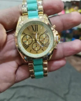 Gold Chronograph Watch with Turquoise Strap & Roman Numerals