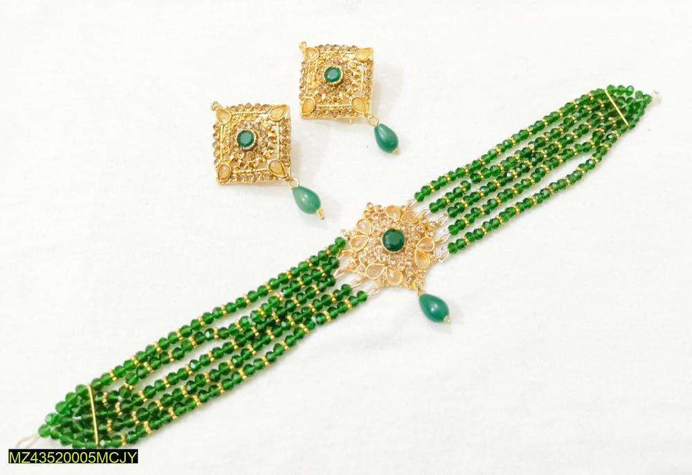 Kundan Choker Set – Gold Plated Green Beads Bridal Jewelry - Image 2