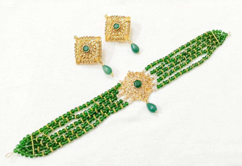 Kundan Choker Set – Gold Plated Green Beads Bridal Jewelry - Image 3