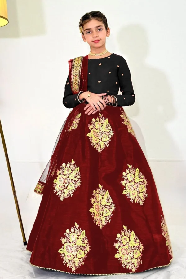 Kids Zari Embroidered 3Pcs Set Maroon Skirt & Dupatta