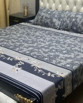 Crystal Cotton Printed Bedsheet – Grey Double Bed 3 Pcs