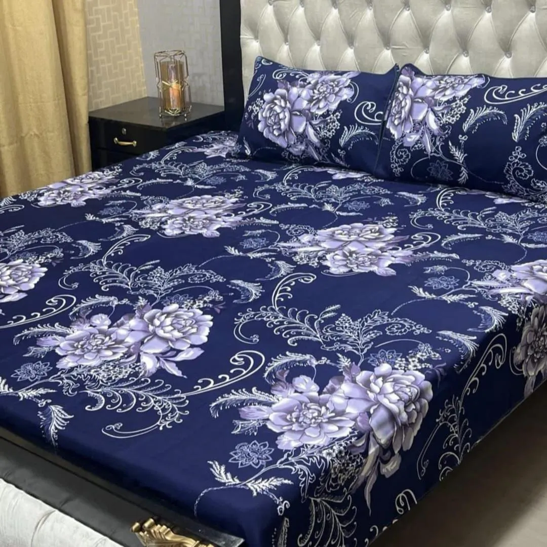 Blue Floral Cotton Bedsheet - Crystal Cotton Double Bed Set