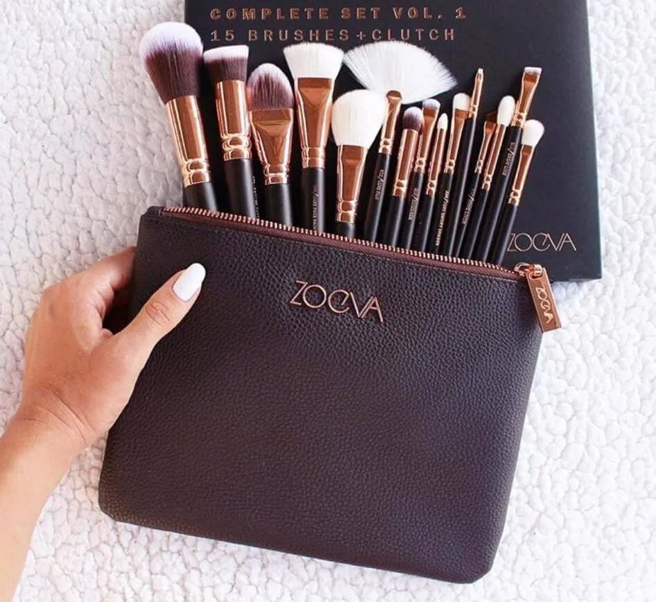 15 Pcs Makeup Brush Set with Travel Clutch – Brown Rose Gold Professional Kit