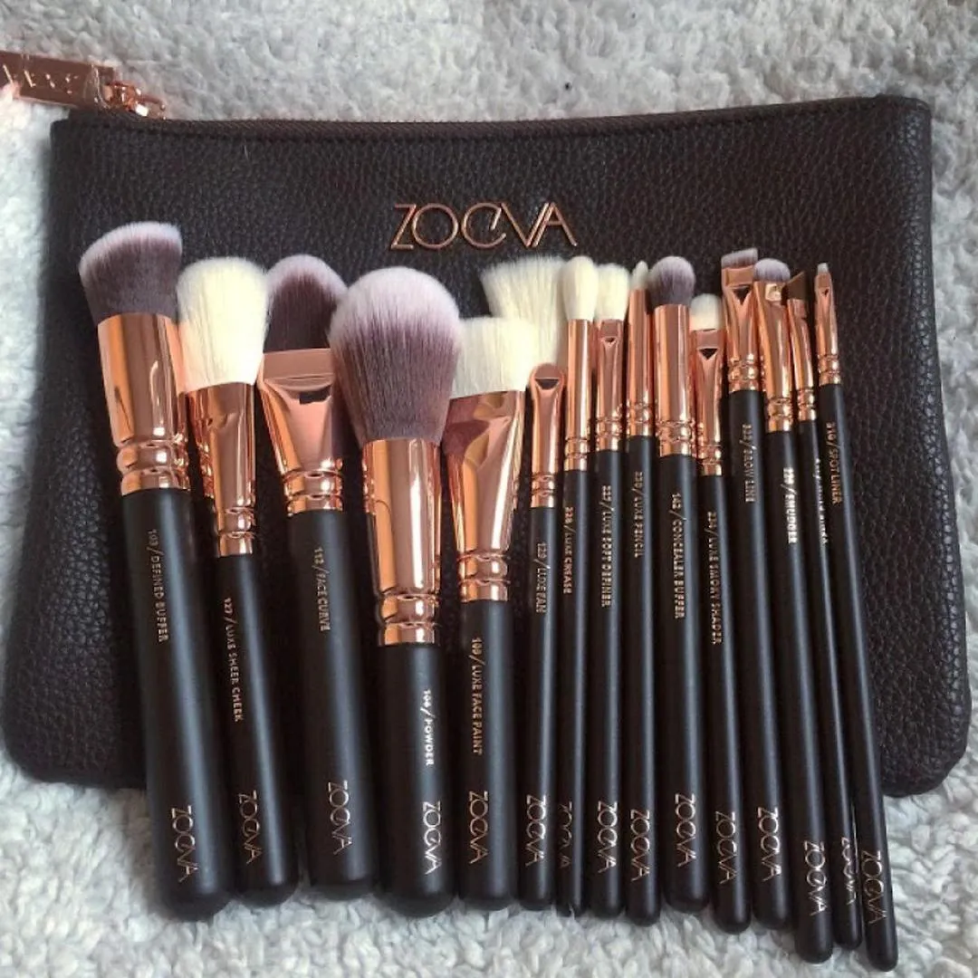 15 Pcs Makeup Brush Set with Travel Clutch – Brown Rose Gold Professional Kit - Image 2