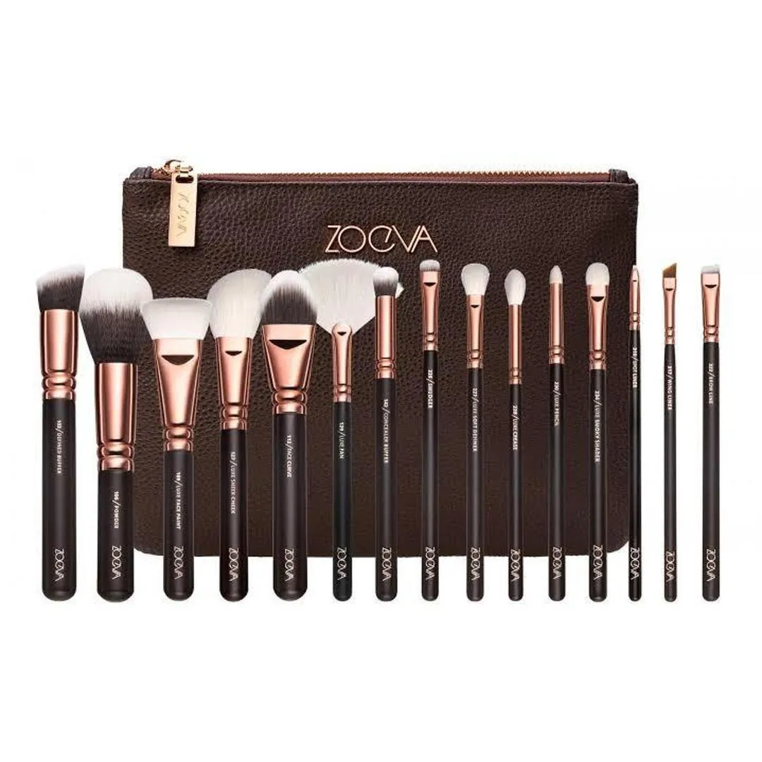 15 Pcs Makeup Brush Set with Travel Clutch – Brown Rose Gold Professional Kit - Image 3