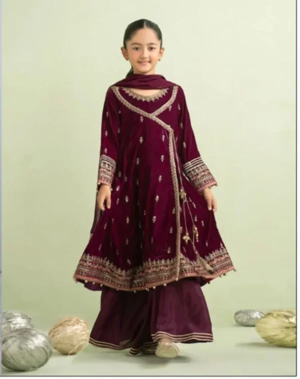 Maroon Embroidered Kurta Shalwar Set for Girls 8-10 Yrs