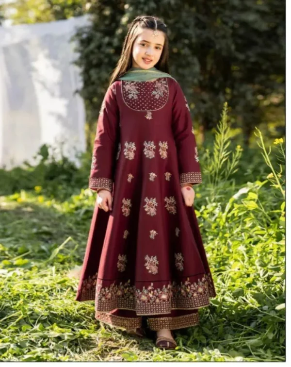 Maroon Floral Embroidered Kurta Set for Girls