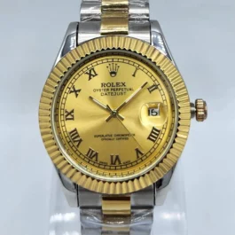 Oyster Watch Gold Rolex Fluted Bezel Olive Green Dial