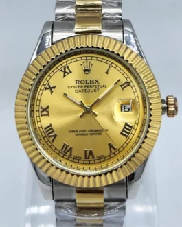 Oyster Watch Gold Rolex Fluted Bezel Olive Green Dial