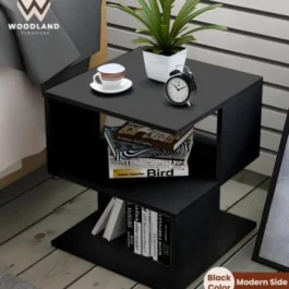 Modern Black Side Table with 2 Shelves for Books Decor
