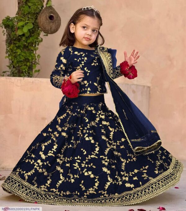 Navy Blue Raw Silk Embroidered 3-Piece Set for Girls