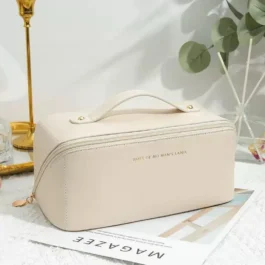 Pink Leather Makeup Travel Case for Women – Stylish Cosmetic Organizer Bag