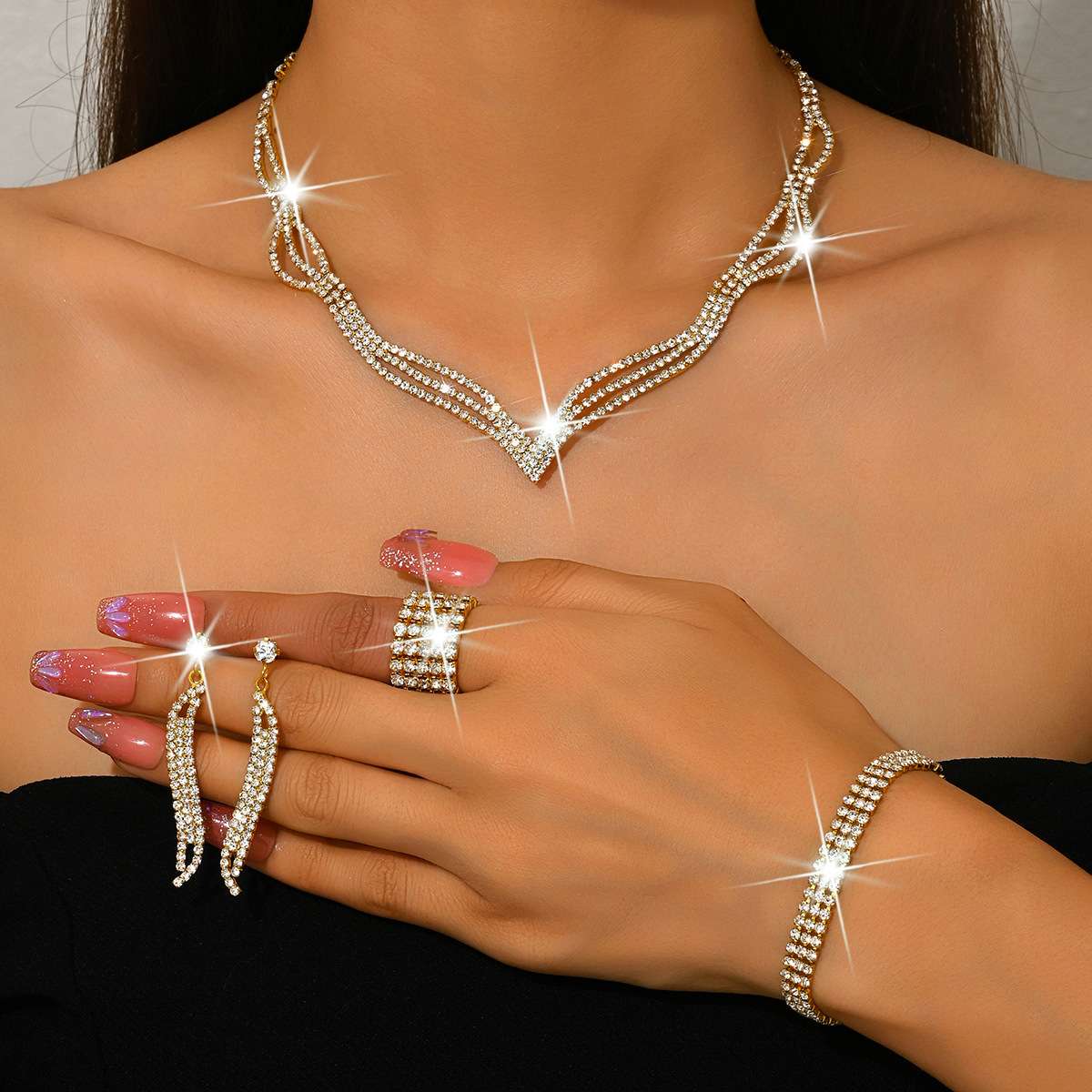 Rhinestone Bridal Jewelry Set in Pakistan | 3-Piece Set - Image 8