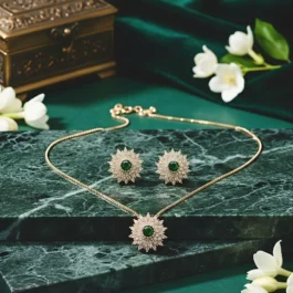 Sunburst Pendant Set Green Zircon Gold Plated