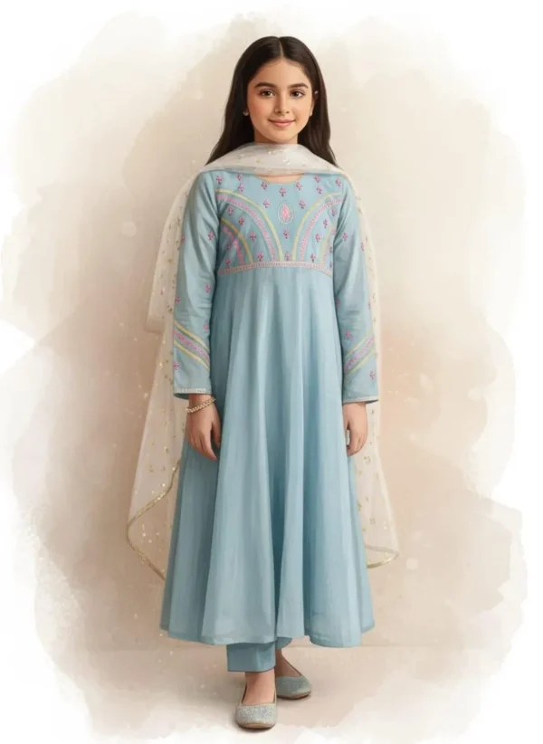 Turquoise Embroidered Lawn 3-Piece Suit for Girls 1-10