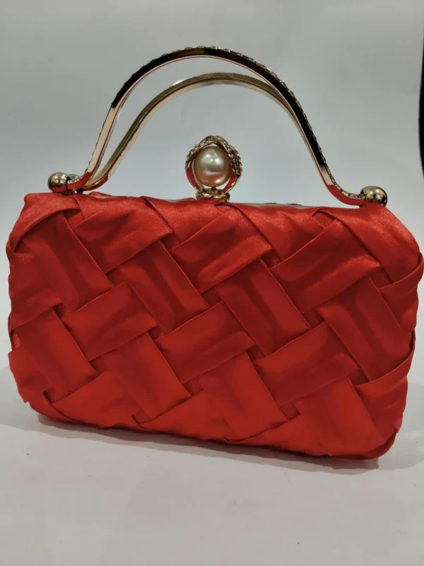 Red Woven Clutch Bag - Elegant Pearl Clasp Fancy Purse