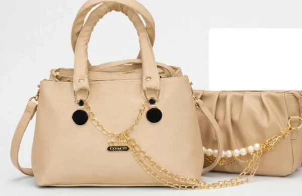 Rexine Plain Handbag Set - 2 Piece Beige Collection for Girls