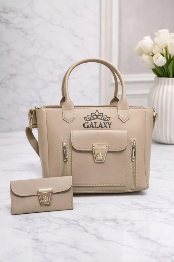 Leather Plain Handbag Set - 2 Piece Beige Collection