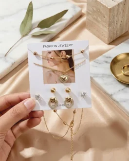 Gold Plated Stud Earrings & Necklace Set for Women