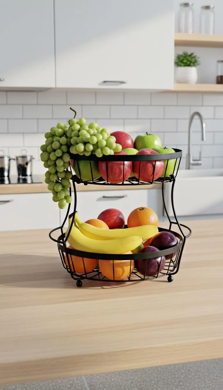 2-Tier Steel Fruit Organizer | Round Kitchen Storage Basket