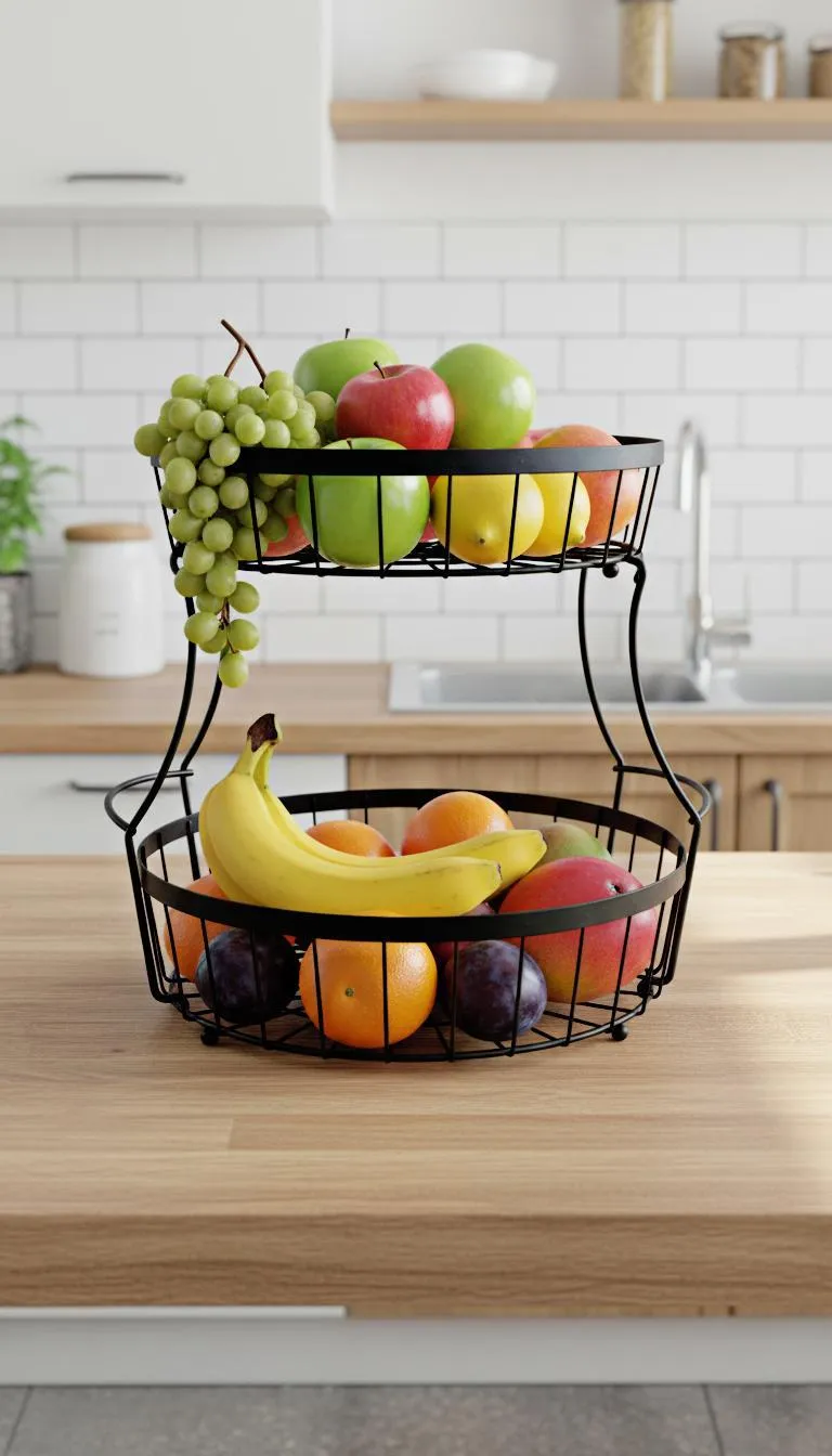 2-Tier Steel Fruit Organizer | Round Kitchen Storage Basket - Image 5