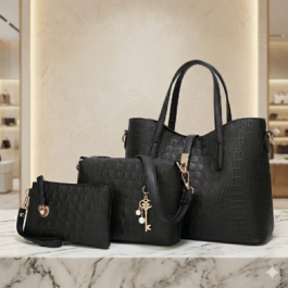 Black Croc Handbag Set – 4-Piece Women’s Fashion Collection