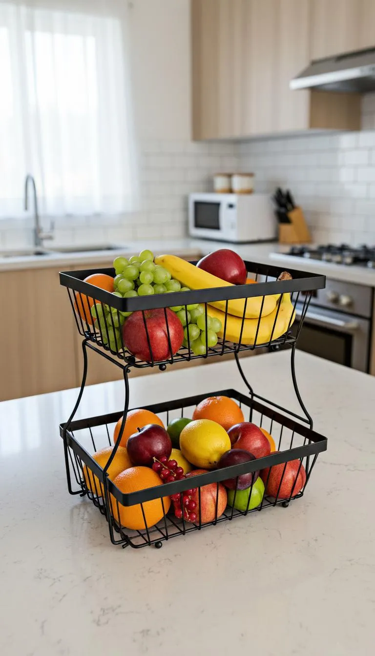 2-Tier Black Stainless Steel | Modern Fruit Basket for Countertop