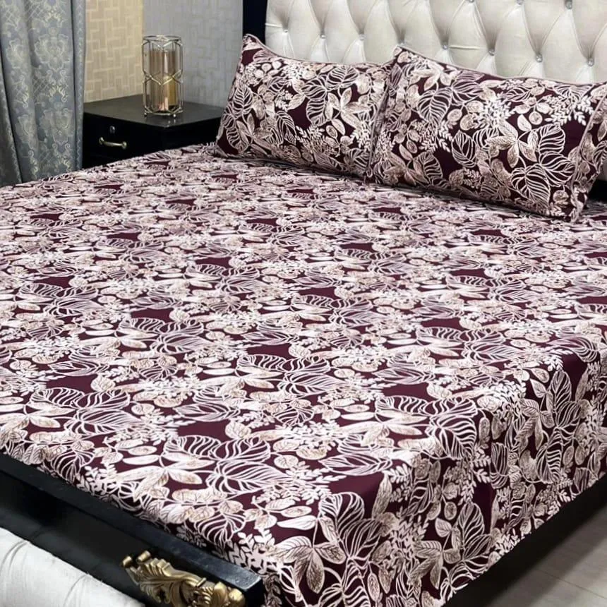 Brown Crystal Cotton Bedsheet - 3 Pcs Printed Double Set