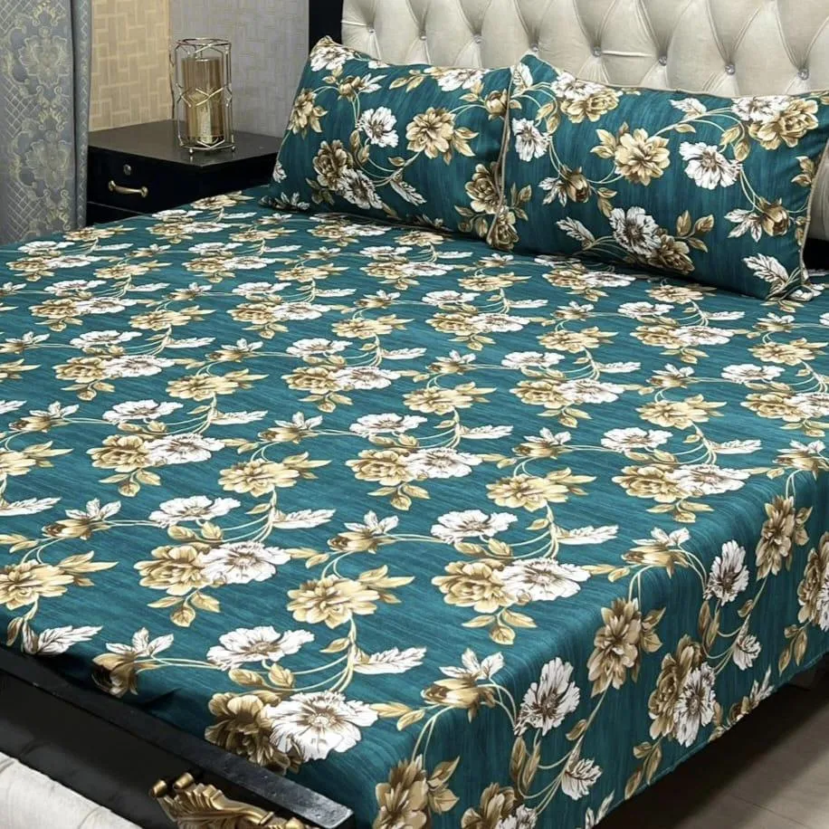 Green Floral Cotton Bedsheet - 3 Pcs Double Bed Set