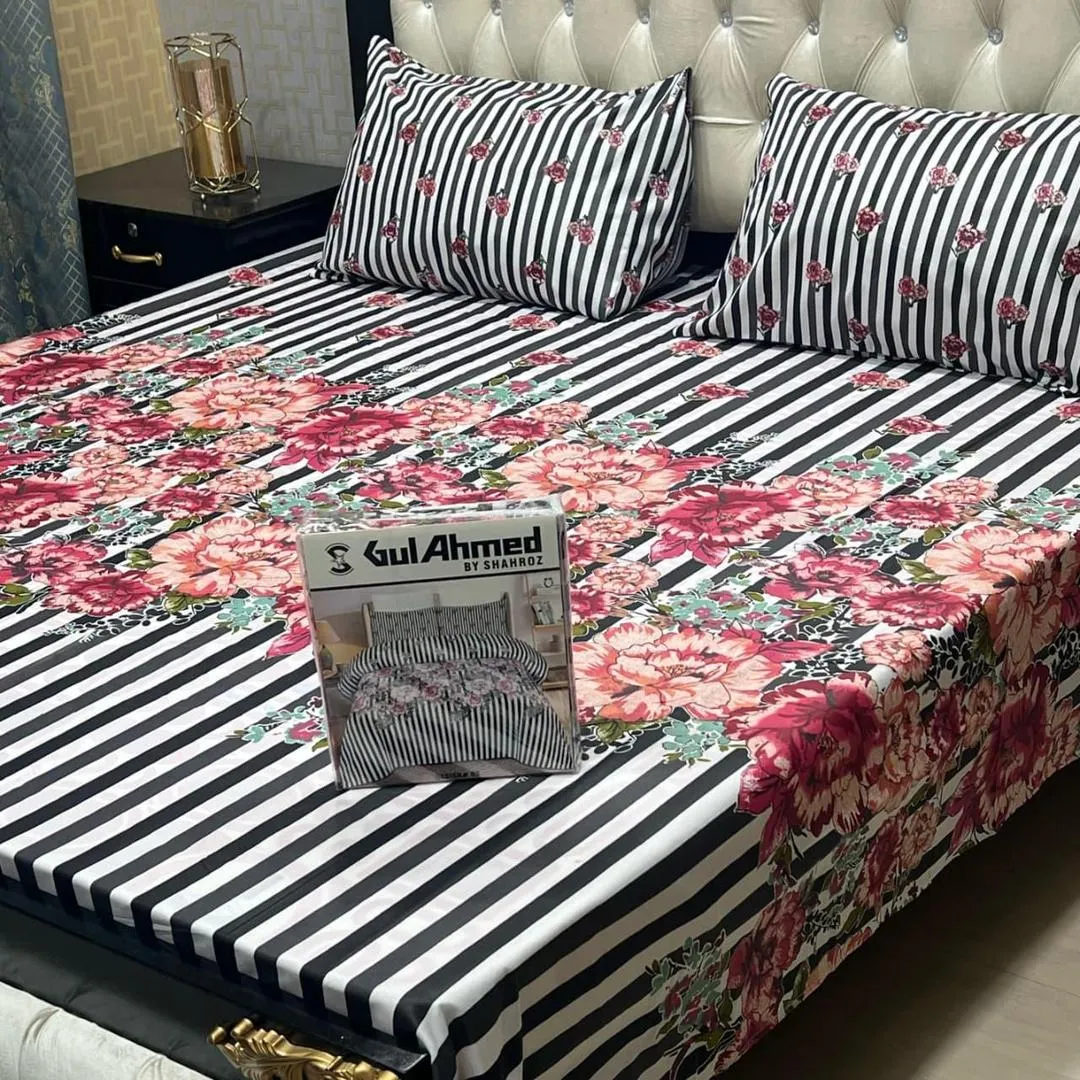 Floral Striped Salonica Bedding - 3 Pcs Double Bed Set