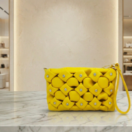 Yellow Rexine Wristlet Purse – Rhinestone Detail Women’s Bag