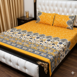 Yellow Printed Cotton Bedsheet – Crystal Cotton Double Bed 3 Pcs