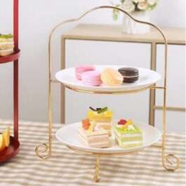 Golden 2-Tier Cake Stand | Luxury Serving Tray with Bow Handle