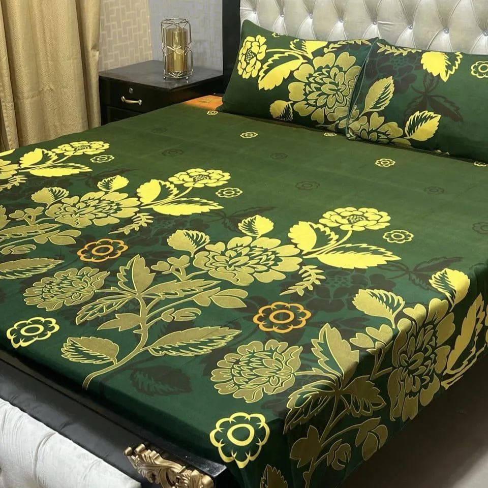 Green Floral Cotton Sheet - 3 Pcs Crystal Cotton Set