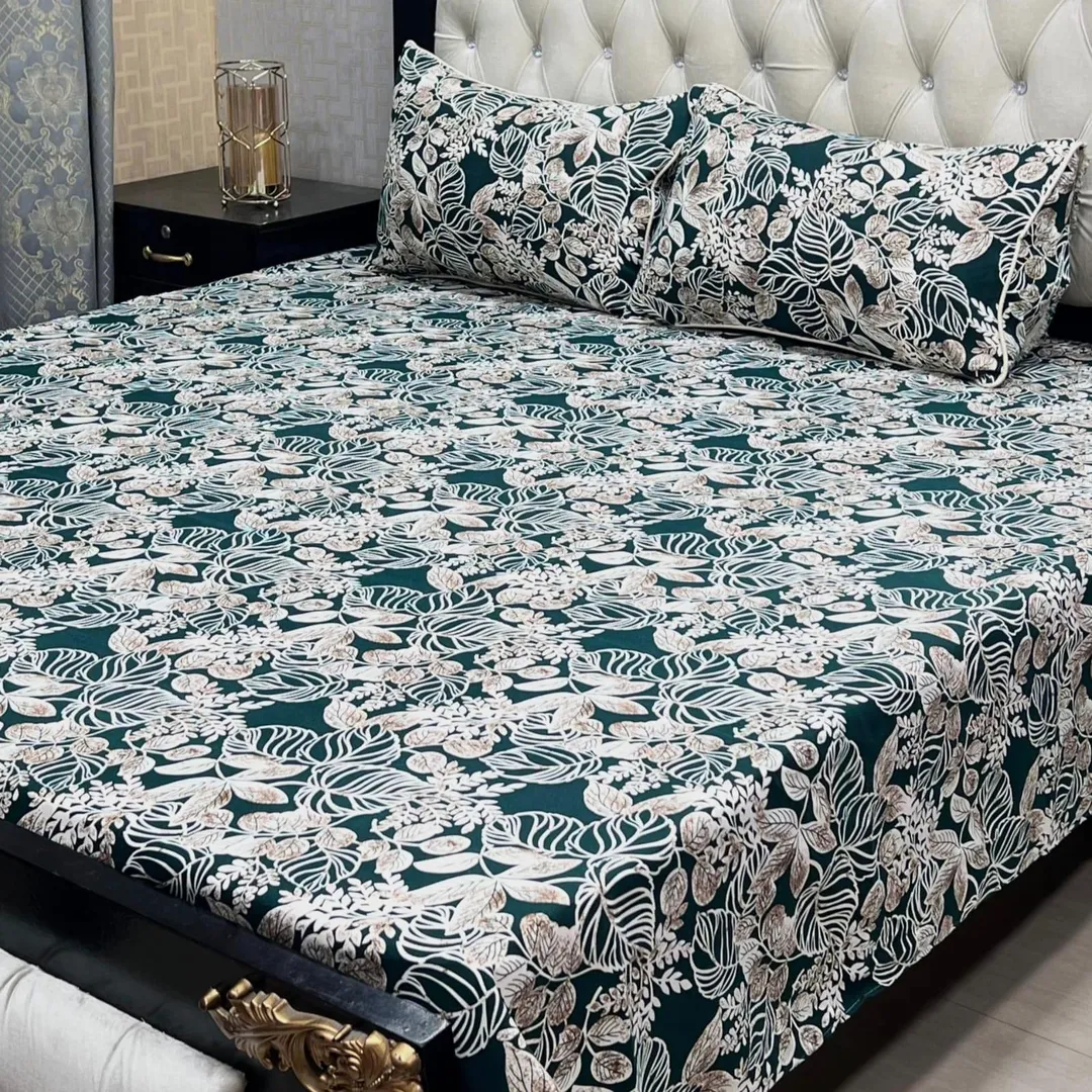 Green Printed Cotton Bedsheet - 3 Pcs Double Bed Set