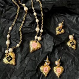 Heart Shaped Gold Necklace Set with Earrings  | Pink Enamel