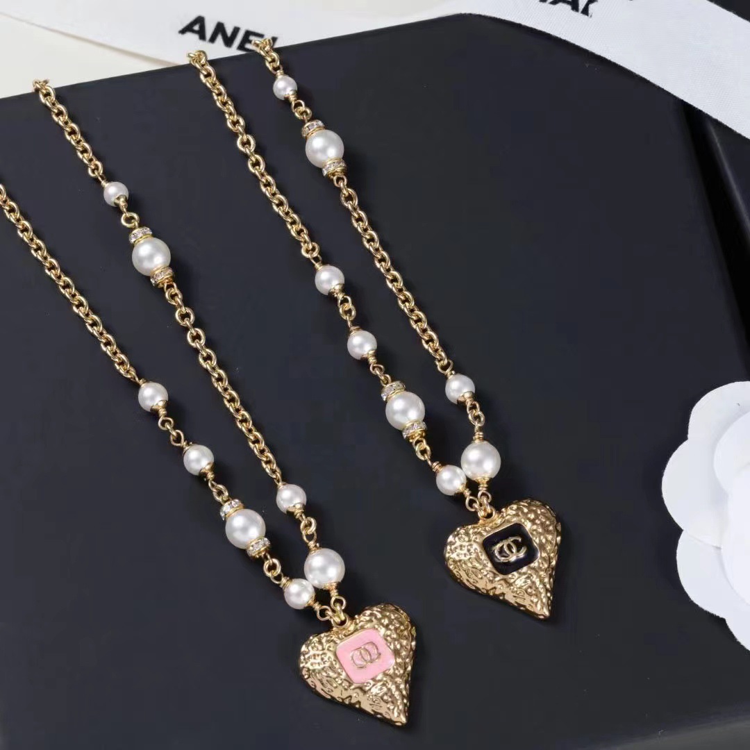 Heart Shaped Gold Necklace Set with Earrings | Pink Enamel - Image 4