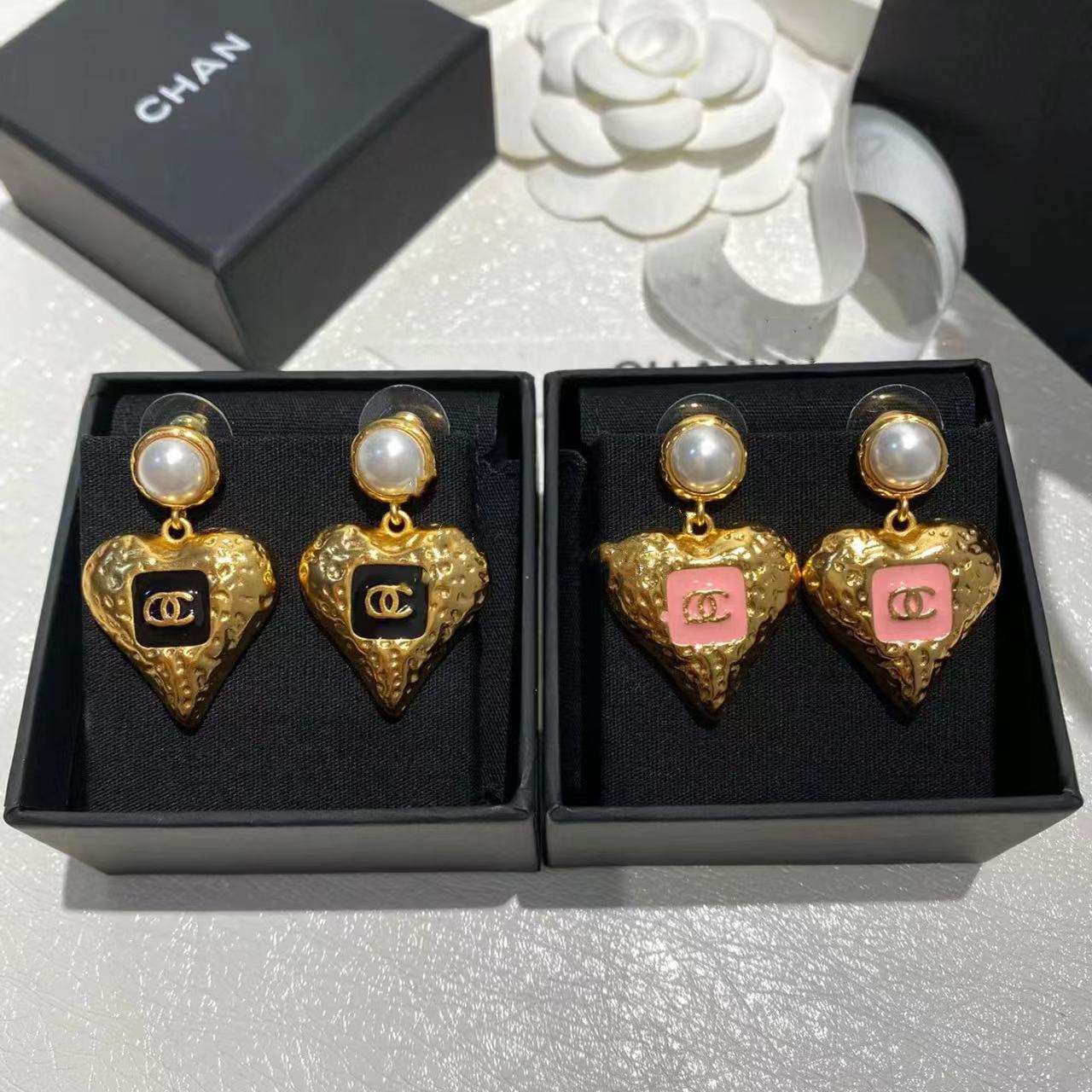 Heart Shaped Gold Necklace Set with Earrings | Pink Enamel - Image 5