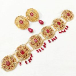 Gold Plated Kundan Choker & Earrings Set with Red Gemstones