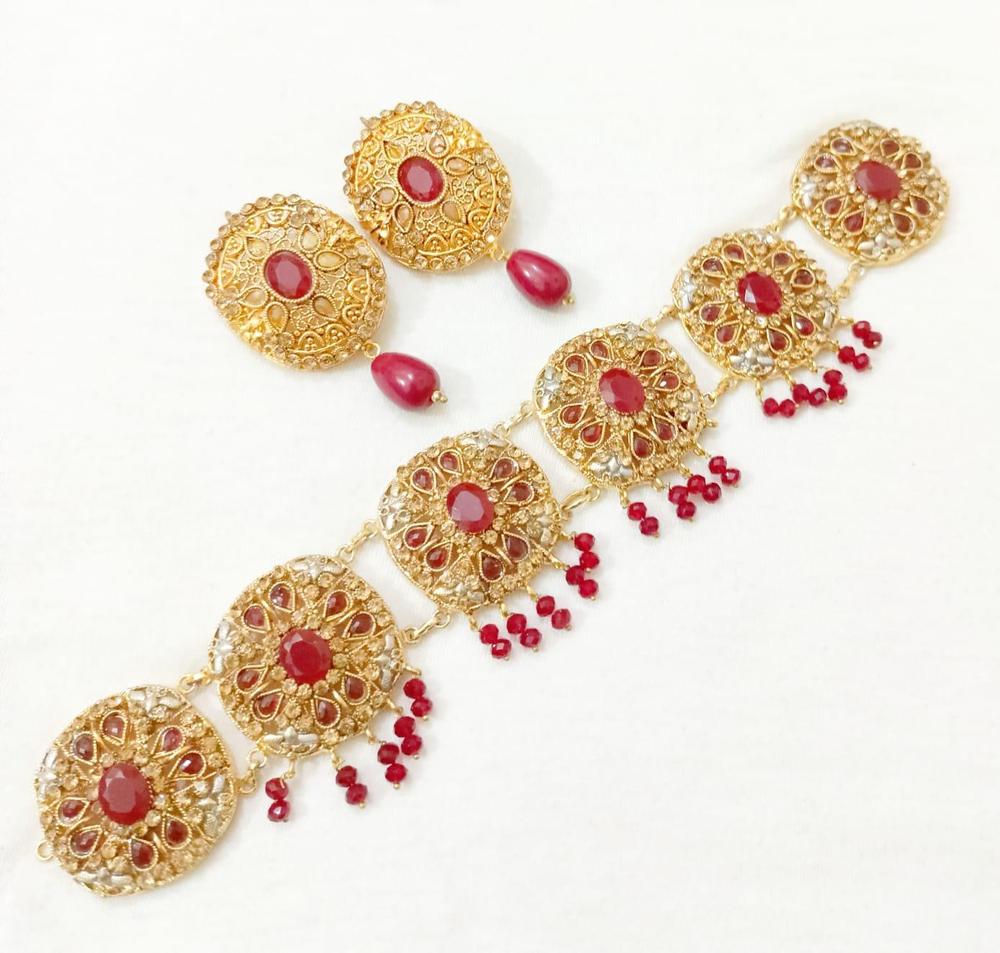 Gold Plated Kundan Choker & Earrings Set with Red Gemstones