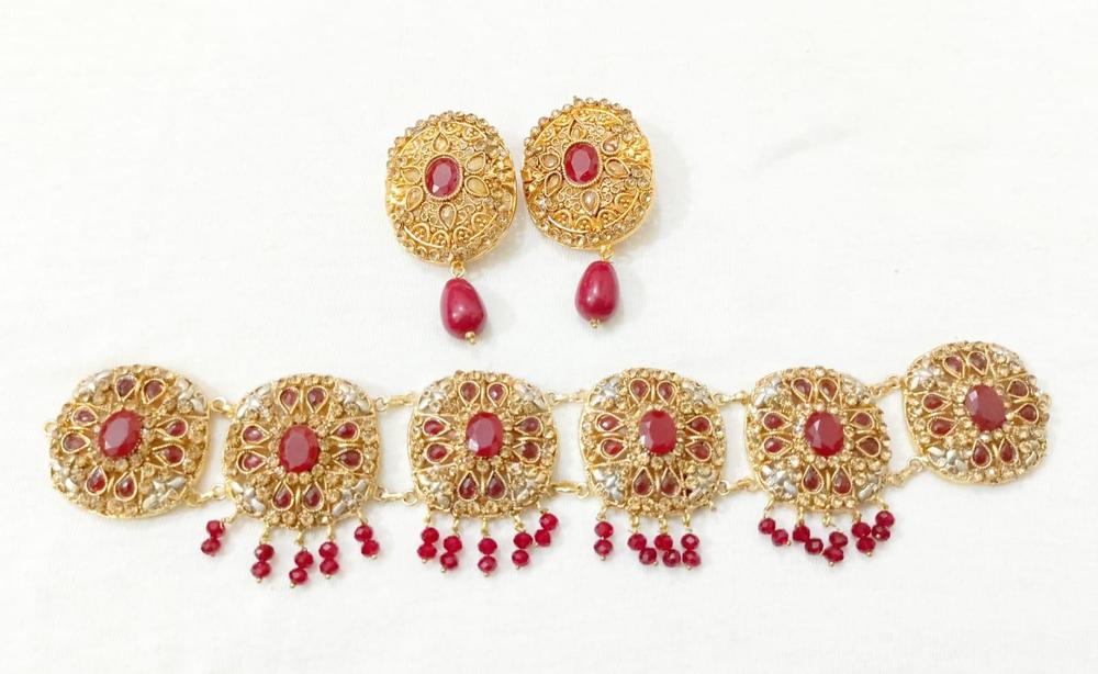 Gold Plated Kundan Choker & Earrings Set with Red Gemstones - Image 2