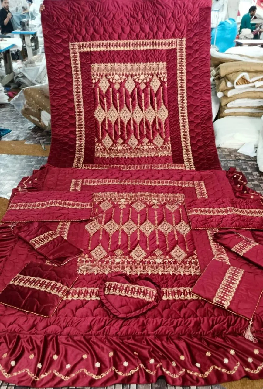 Red Velvet Bridal Set - 5 Pcs Luxury Jacquard Bedding
