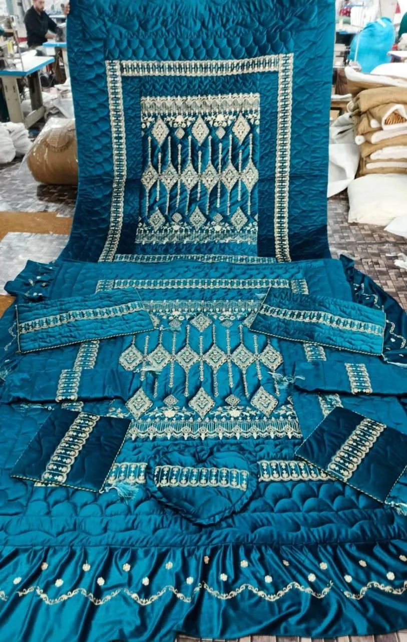 Blue Velvet Bridal Set - 5 Pcs Royal Blue Jacquard Bedding