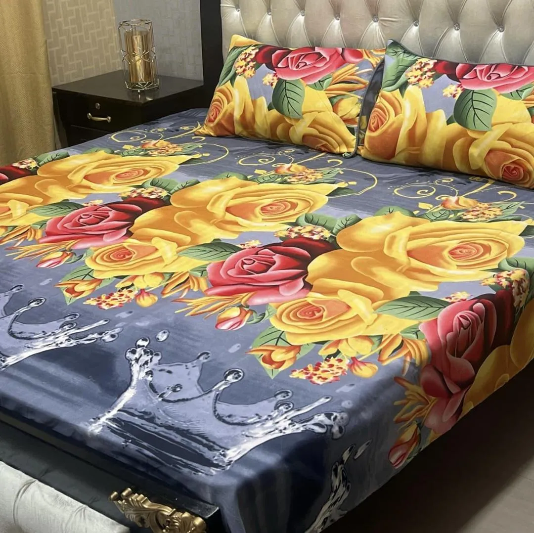 Printed Crystal Cotton Sheet | Grey Double Bed Set