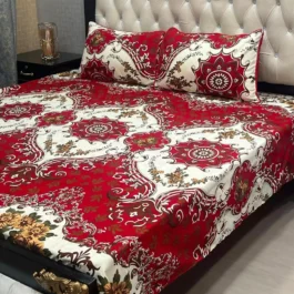 Red Printed Cotton Set – 3 Pcs Double Bed Linens