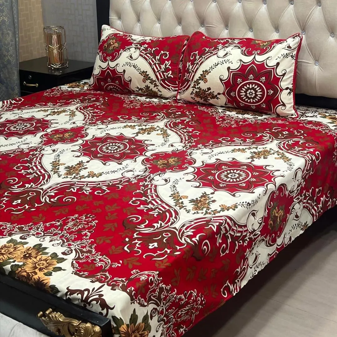 Red Printed Cotton Set - 3 Pcs Double Bed Linens